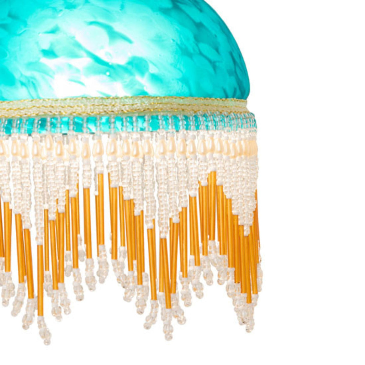 Close-up of amber and crystal bead fringe on a turquoise glass flushmount.