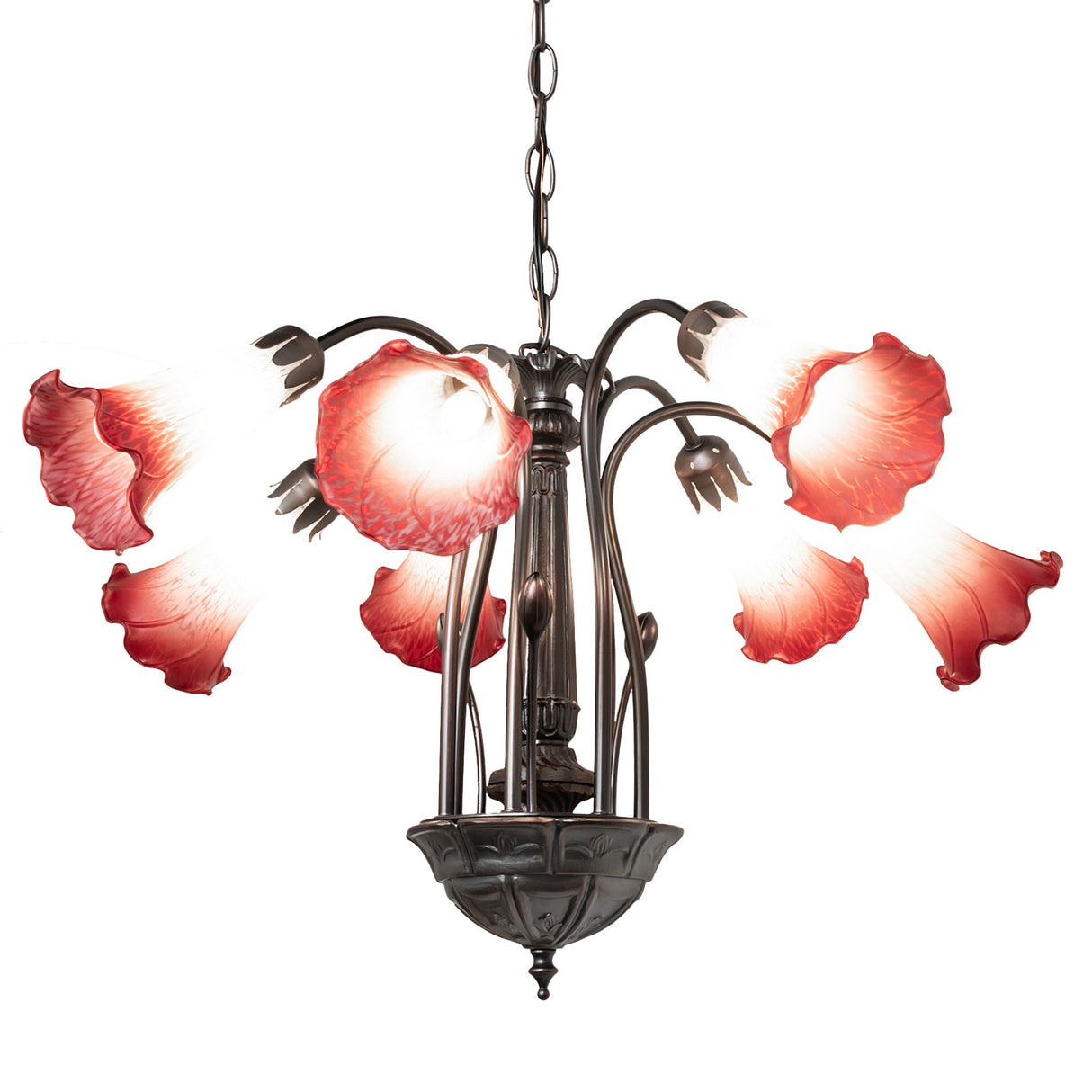 Close-up of pink and white lily-shaped chandelier.
