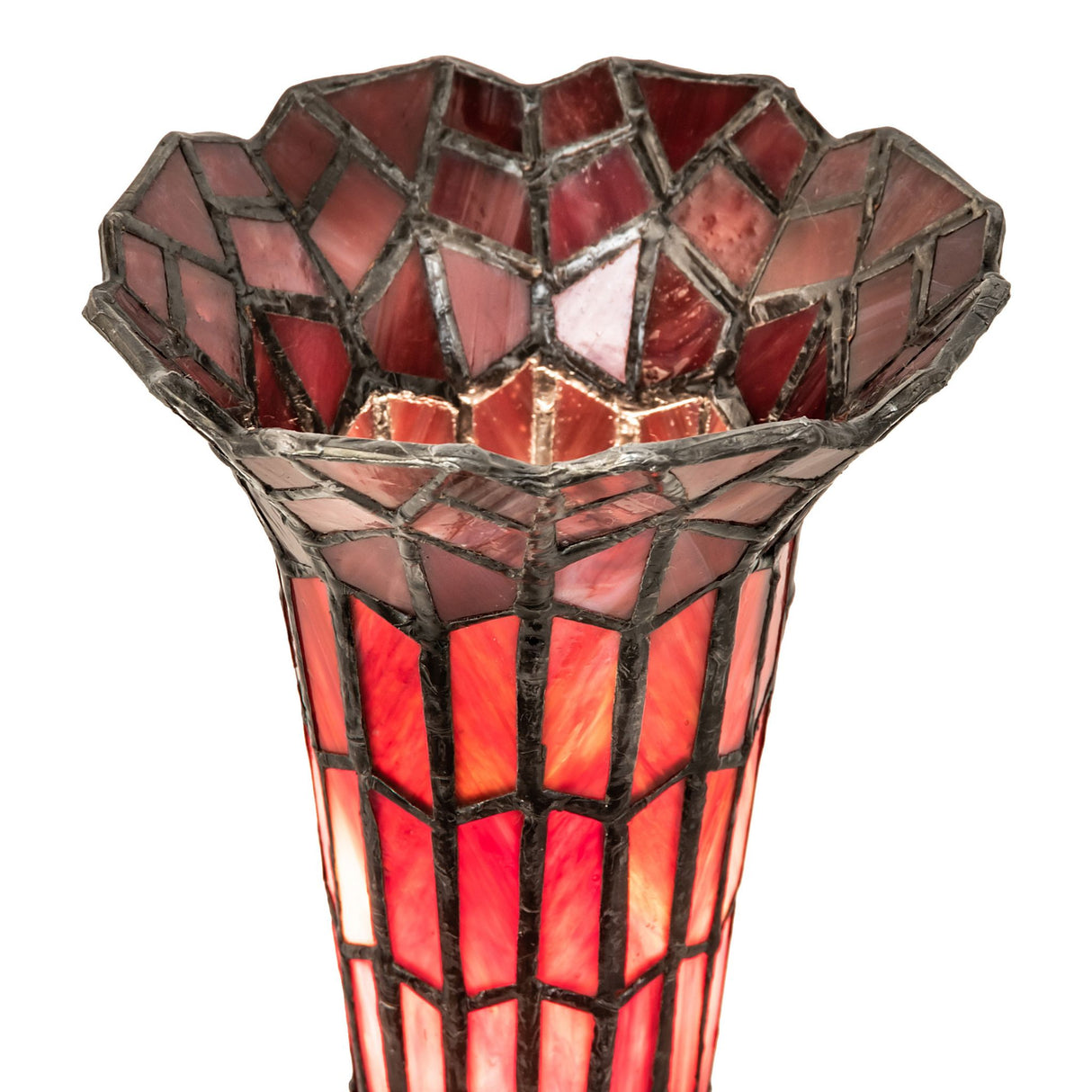 Close-up of red stained glass pond lily shade with intricate panel details.