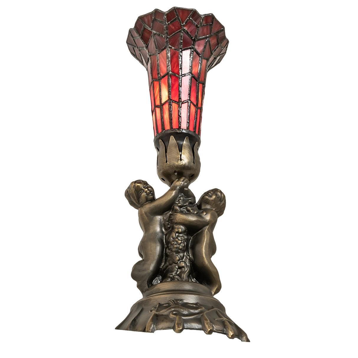 Close-up of pond lily lamp featuring twin cherubs holding the base.
