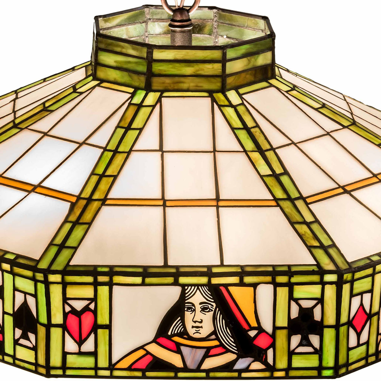Close-up of the Poker Face pendant showing intricate stained glass card suit designs.