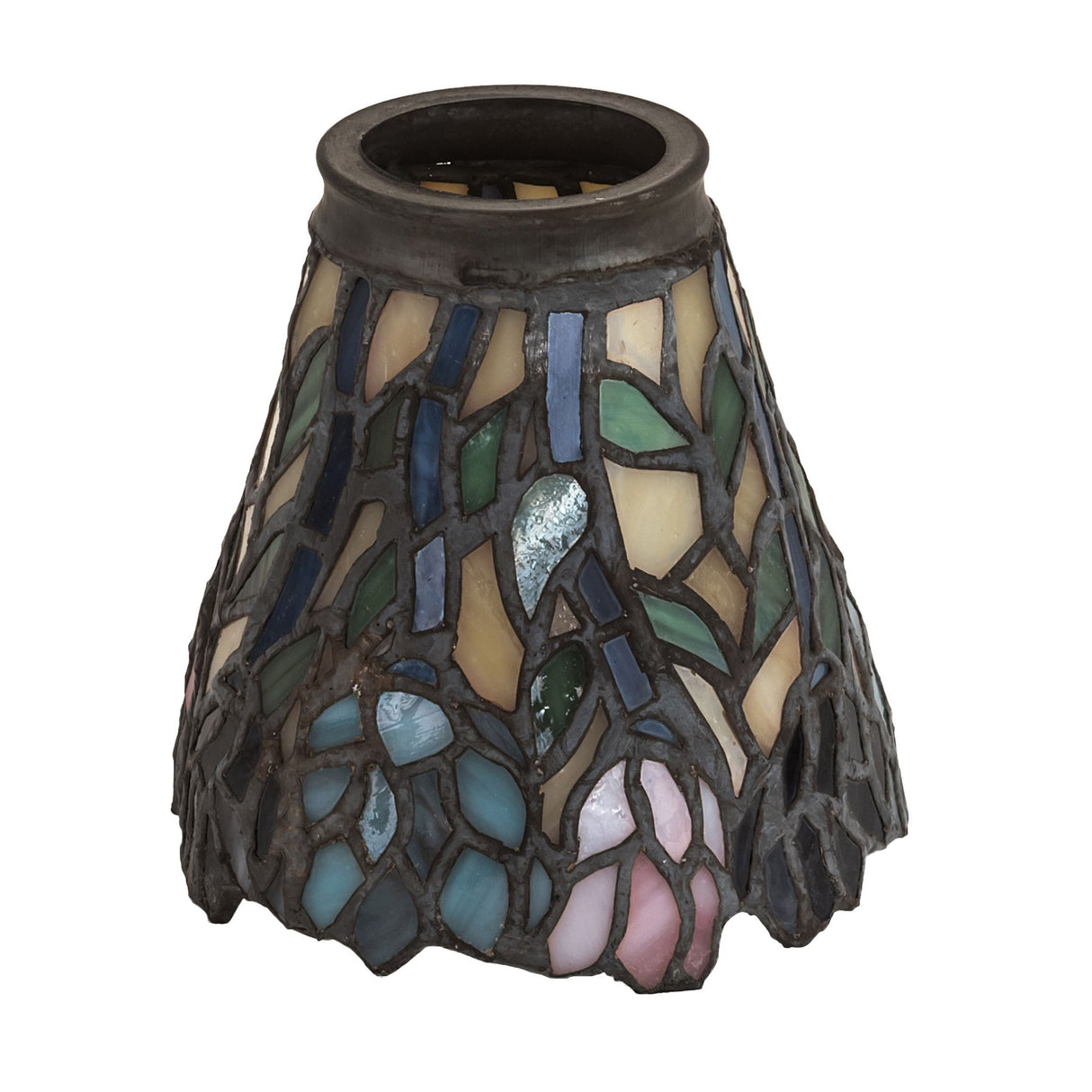 Close-up of a Wisteria fan light shade in colorful stained glass.
