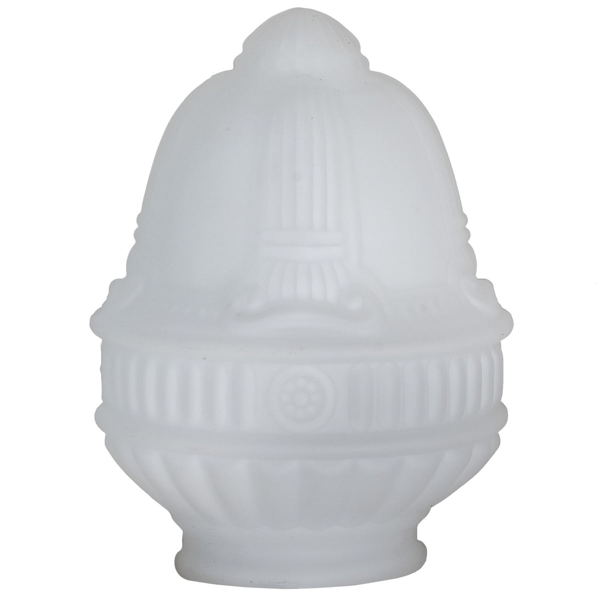 detailed design view of colonnade frosted neck shade with period revival inspiration.