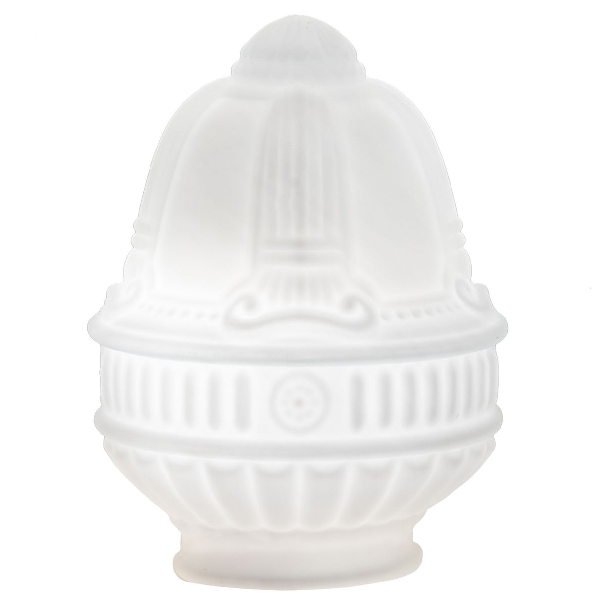 front view of colonnade frosted neck shade with white art glass design.