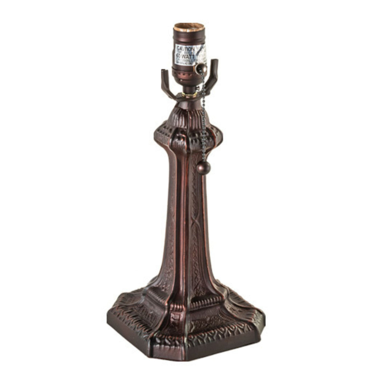 Compact Gothic table lamp base with pull chain.