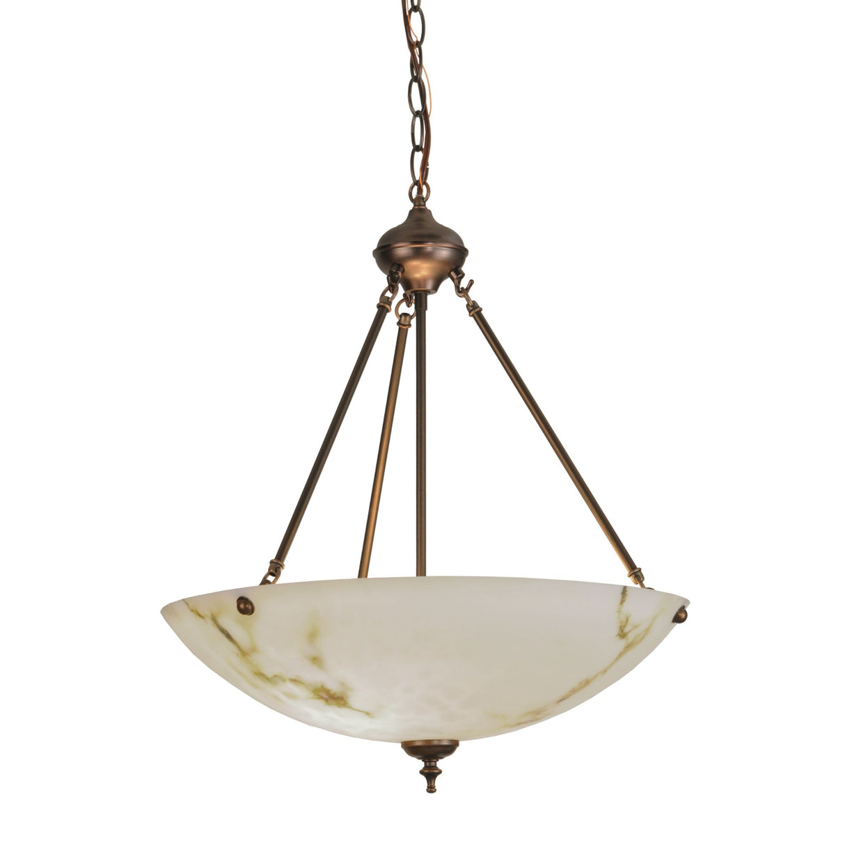 Elegant white marble inverted pendant with bronze frame and chain suspension.