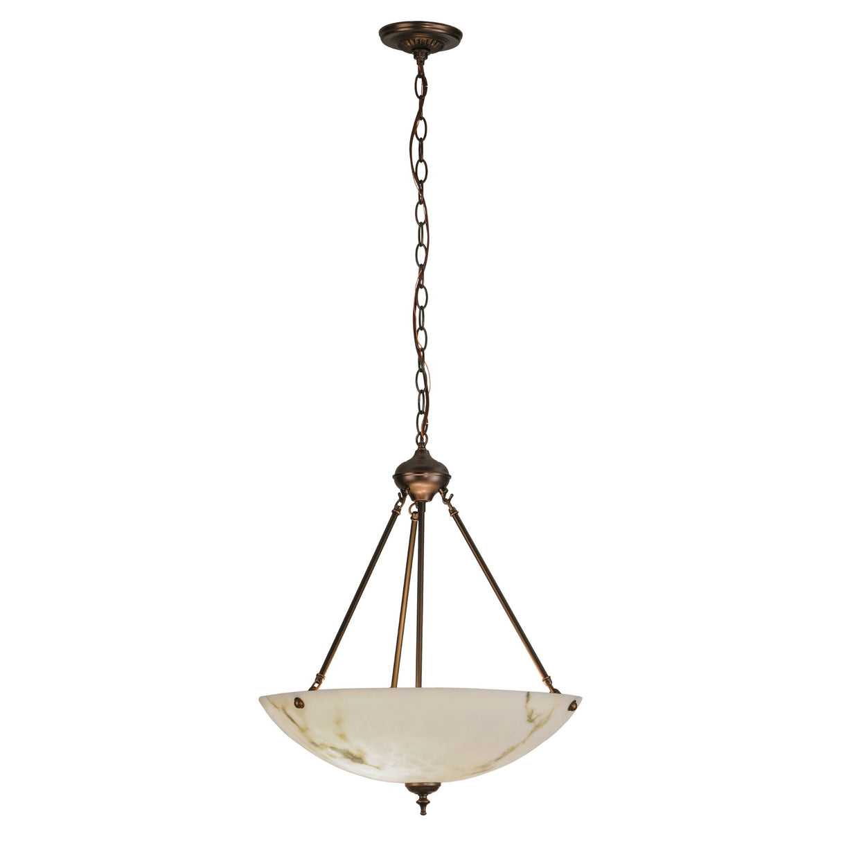Full-length view of hanging white marble pendant with bronze chain.