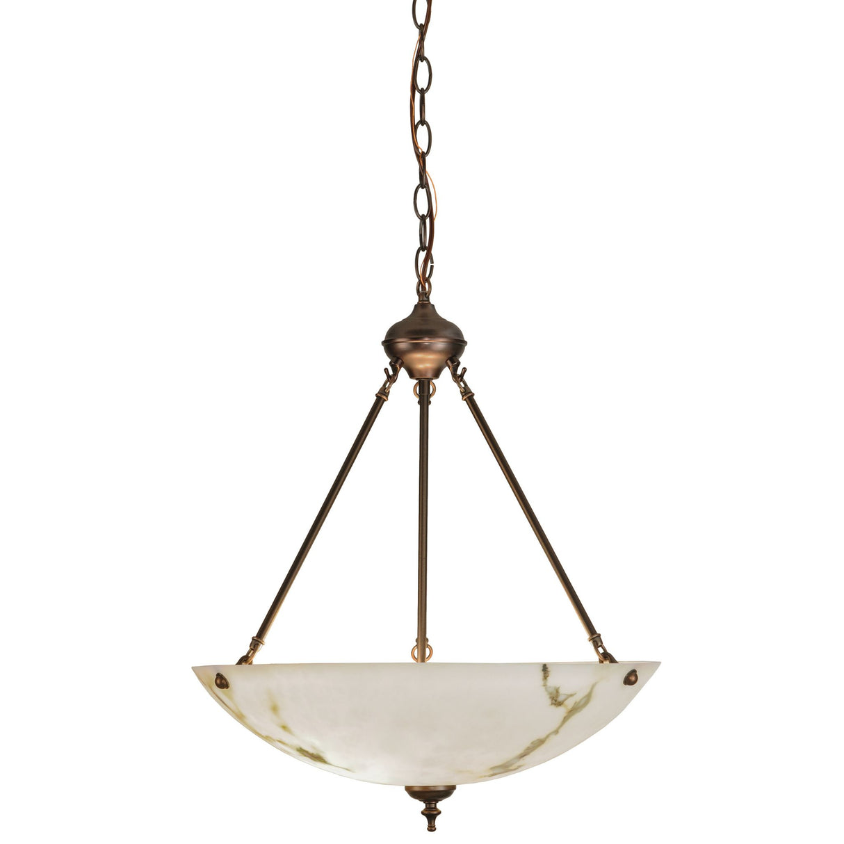 Corinth white marble pendant with sleek bronze supports and hanging chain.