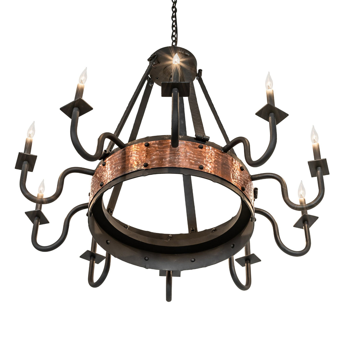 Bottom angle view of Costello chandelier highlighting inner frame and candle arrangement.