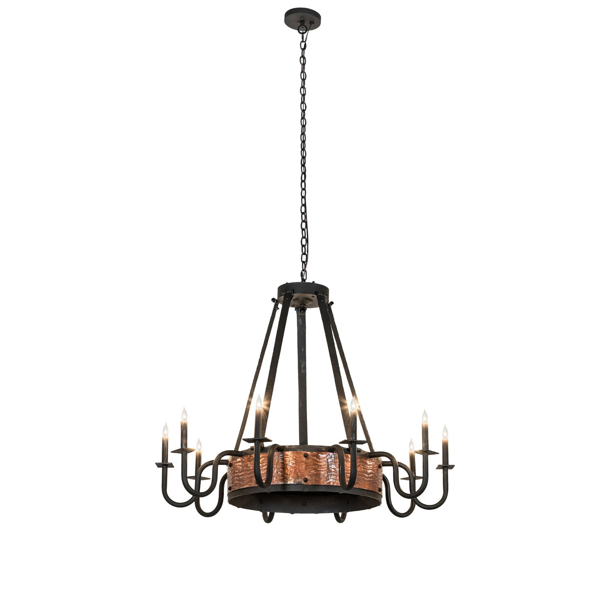 Hanging view of Costello chandelier showing full proportions and adjustable chain length.