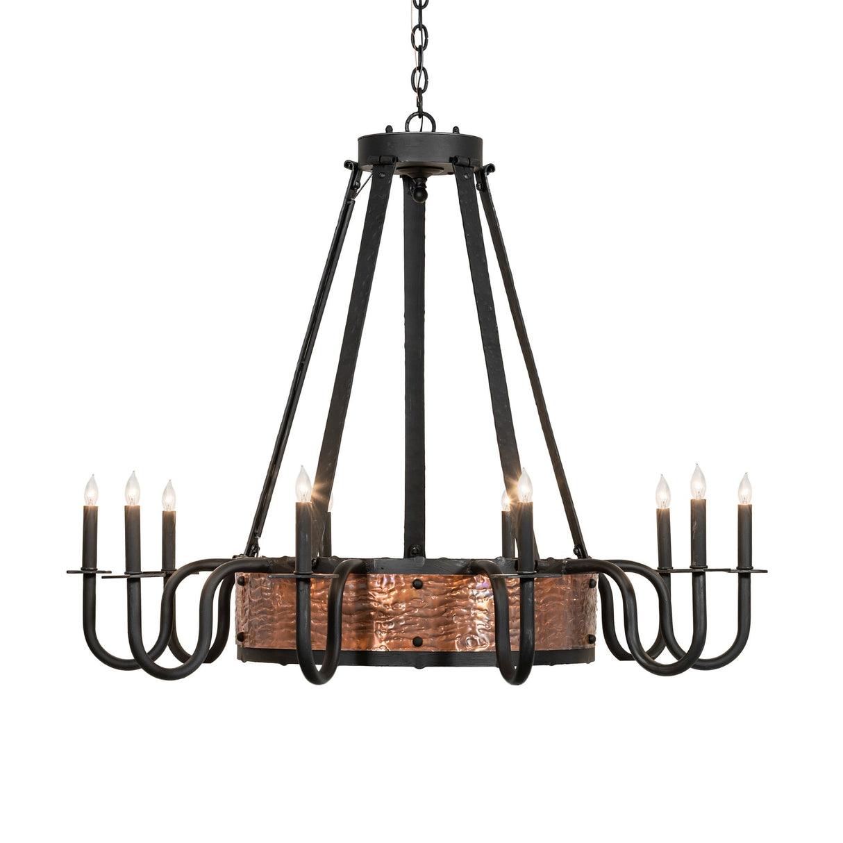Side view of Costello chandelier showing curved arms and candle-style sockets.