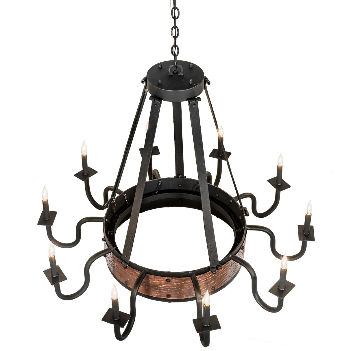 Top angle view of Costello chandelier showing suspension arms and circular copper band.