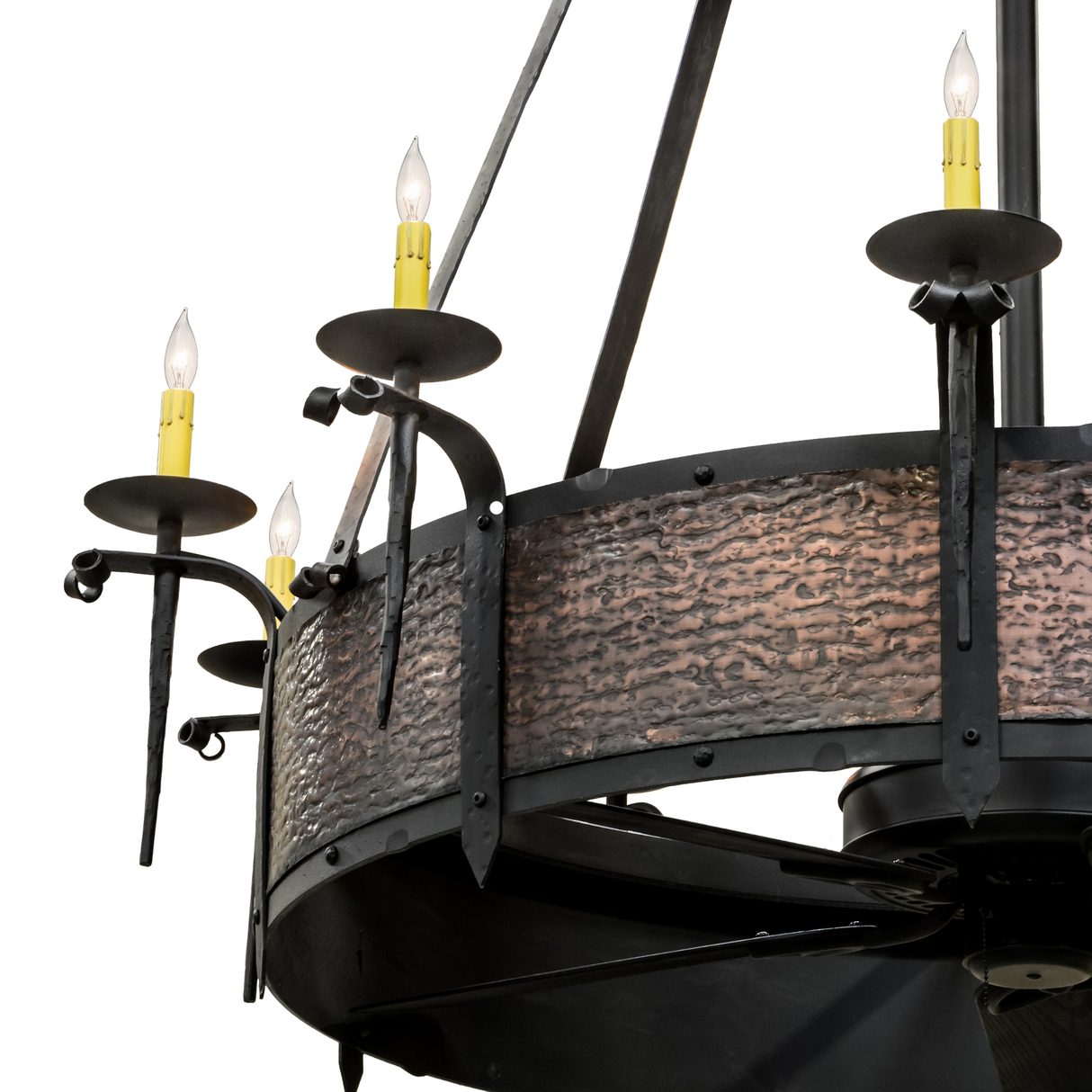 Closeup of hammered copper finish and candlelight details.