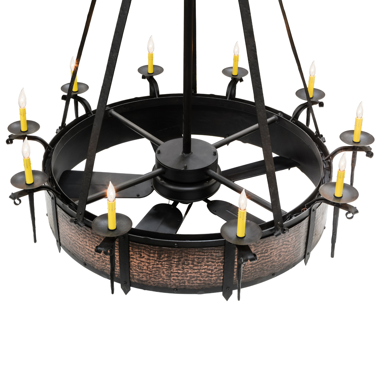 Top angle lit view highlighting fan and candlelight arrangement.