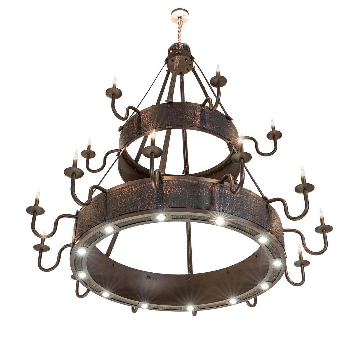 Low upward angled view revealing the lower ring of downlights beneath the chandelier.