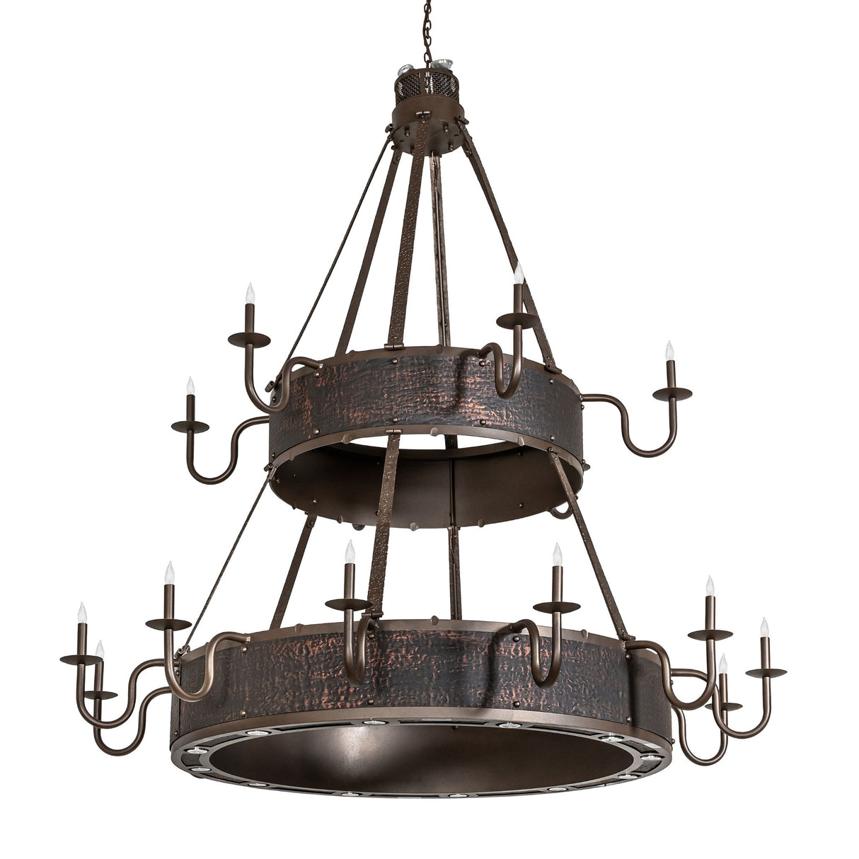 Unlit view of the chandelier showcasing its hammered copper frame and candle arm structure.