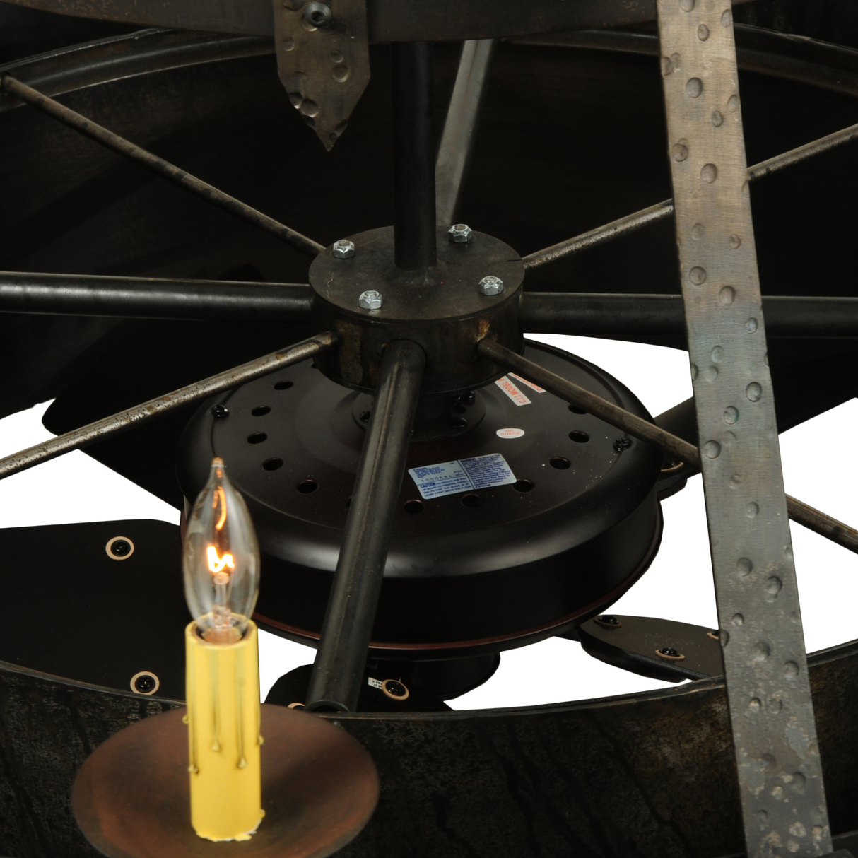 Interior frame detail showing fan mount and metal braces.