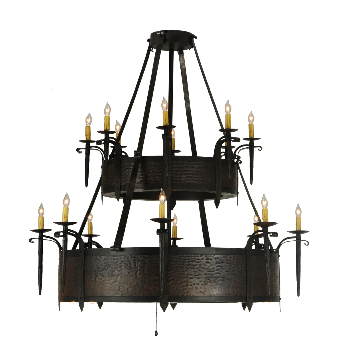 Side view highlighting forged iron details and candlelight glow.