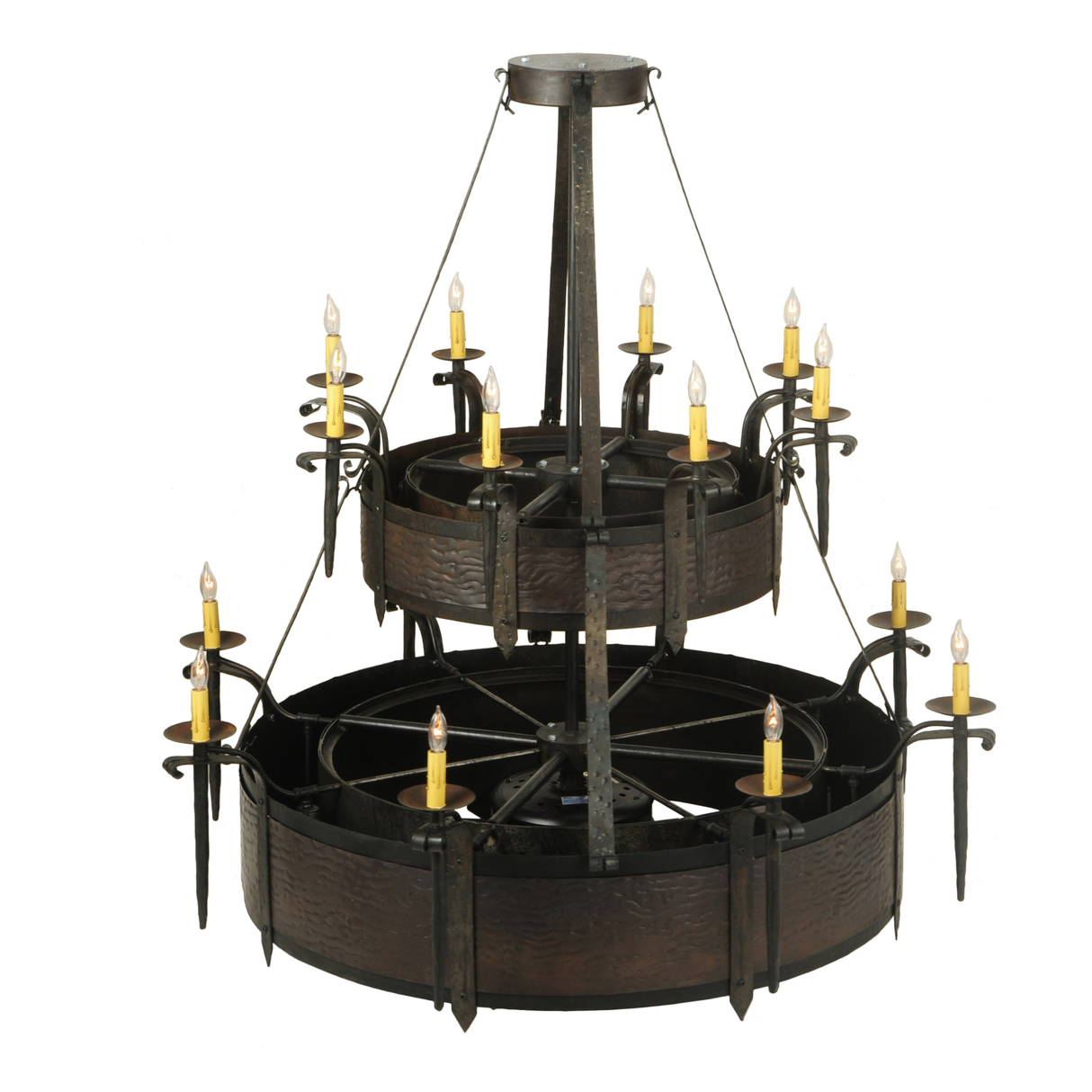 Wide angle view highlighting both tiers of candlelight and metalwork.