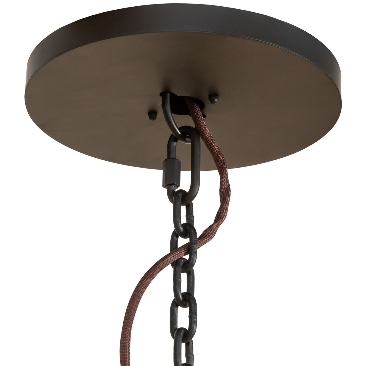 Ceiling canopy and chain detail for Costello 20-light chandelier.