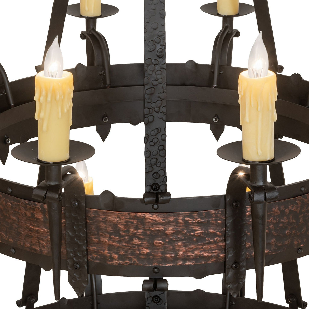 Close-up of ivory faux candlelight on Costello chandelier frame.