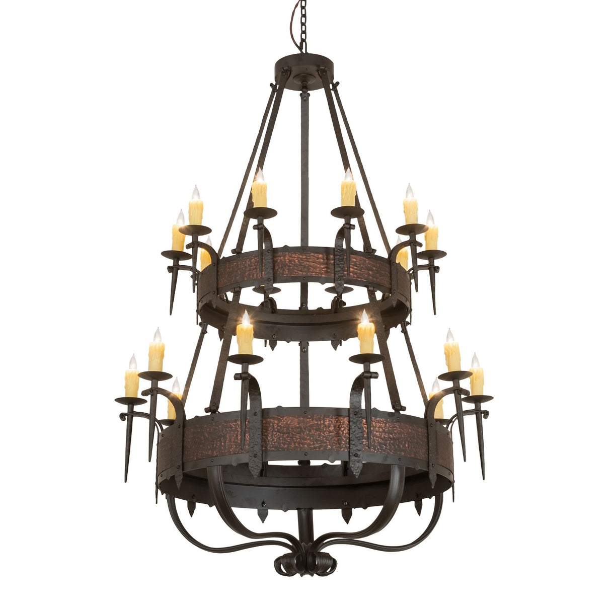 Costello 20 light chandelier with candle bulbs illuminated.