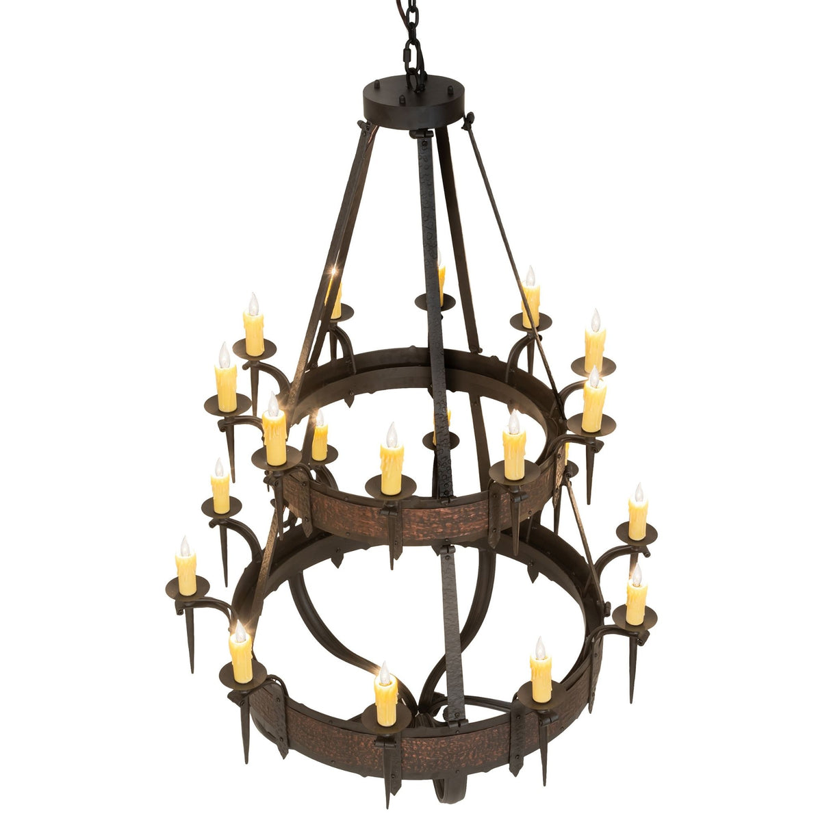 Top angle view of Costello 20-light chandelier with two-tier frame.
