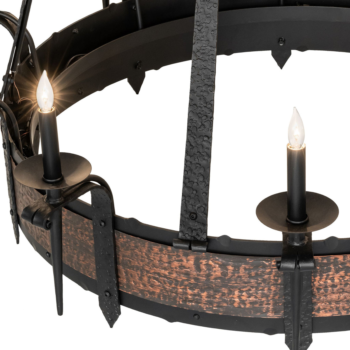 Closeup of Candle-style light detail on Costello chandelier.