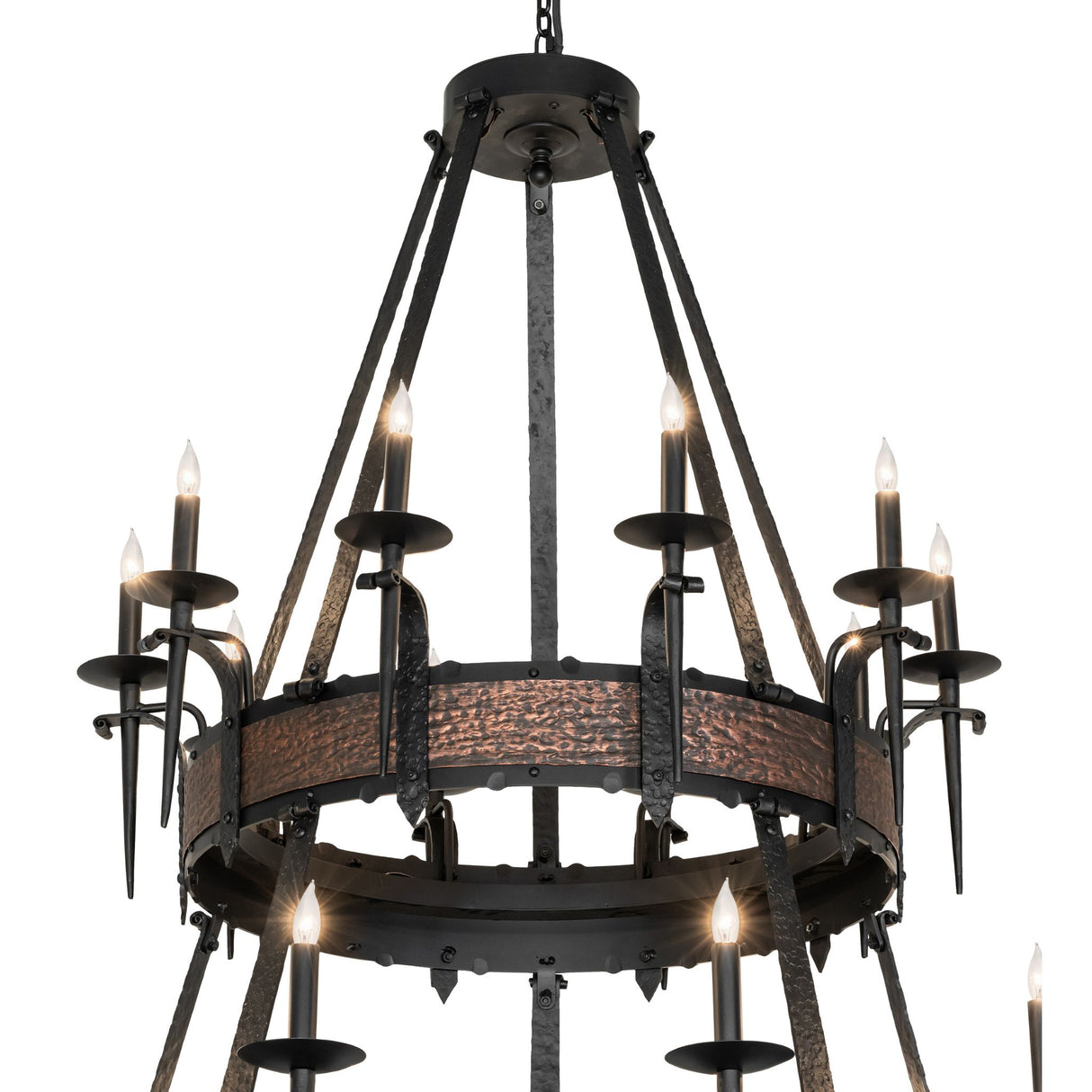Textured copper ring detail on Costello chandelier.