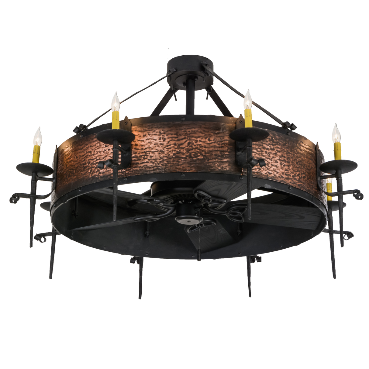 Bottom angled lit view of Costello Chandel-Air showing fan and candles.