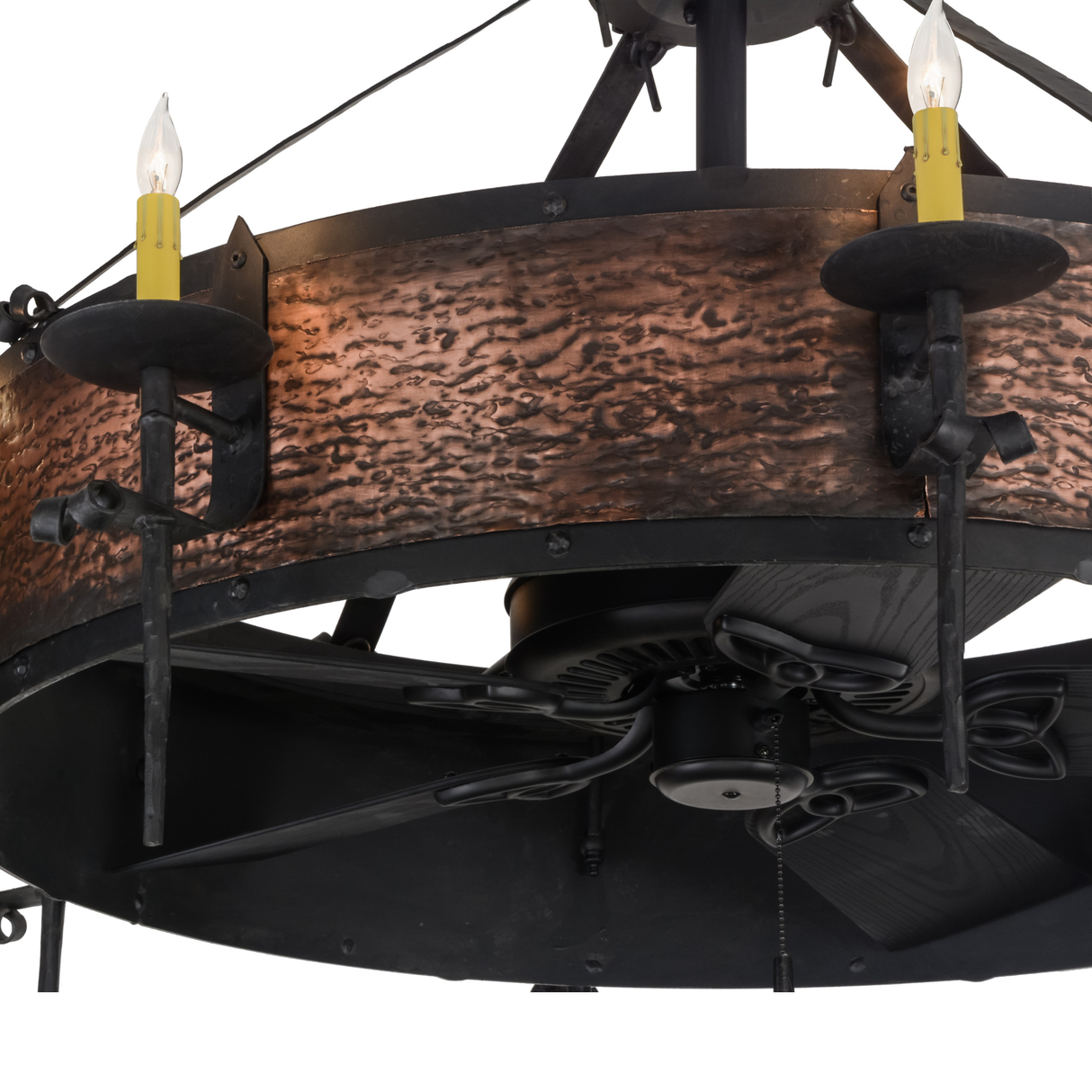 Closeup of Costello Chandel-Air showing hammered copper and candlelights.
