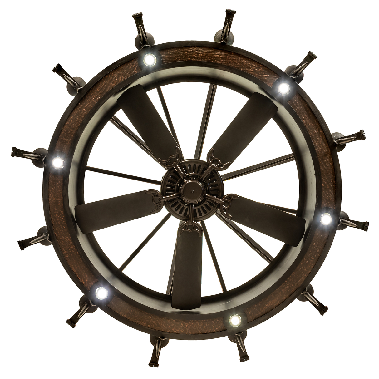 Direct bottom view revealing fan hub and circular LED lighting.