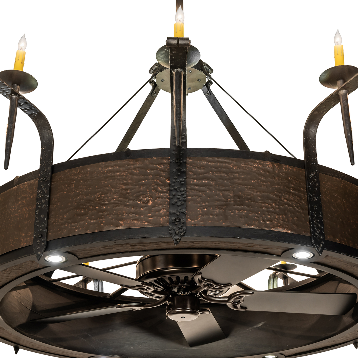 Close-up of copper band texture and hand-forged iron supports.