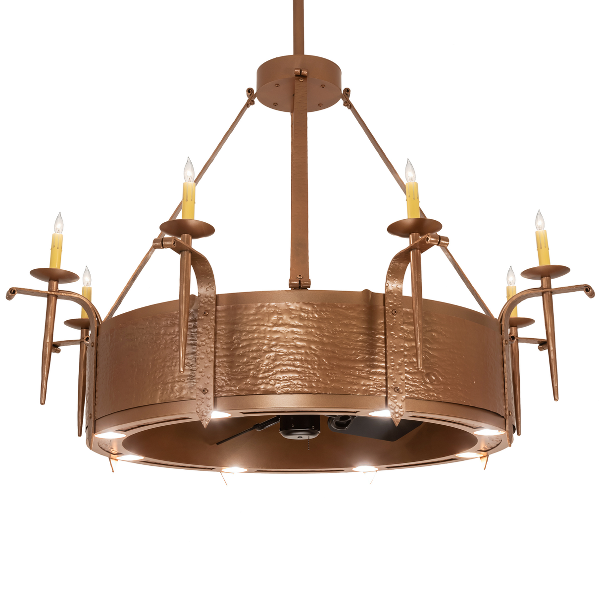 Lit angled view highlighting metallic bronze band and candlelights.