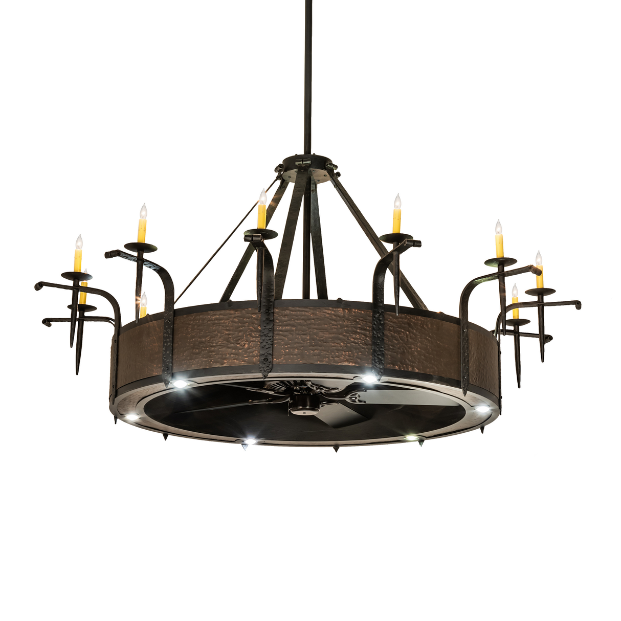 Front view of Costello Chandel-Air with glowing candles and fan lights.