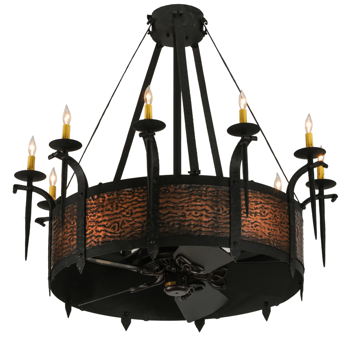 Lower front angle lit view showing fan integration and amber glow.