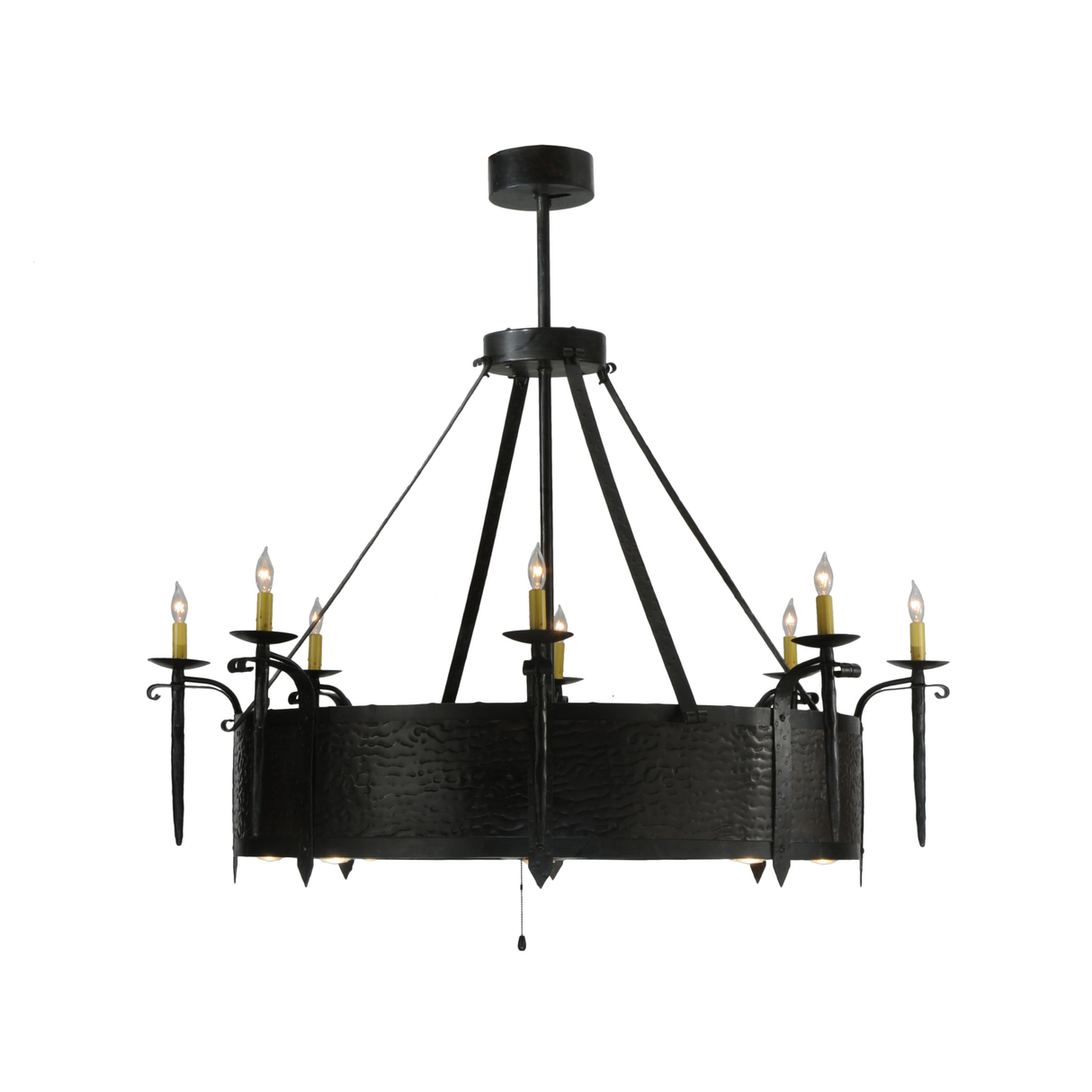 Side view highlighting hammered metal texture and candlelight arrangement.