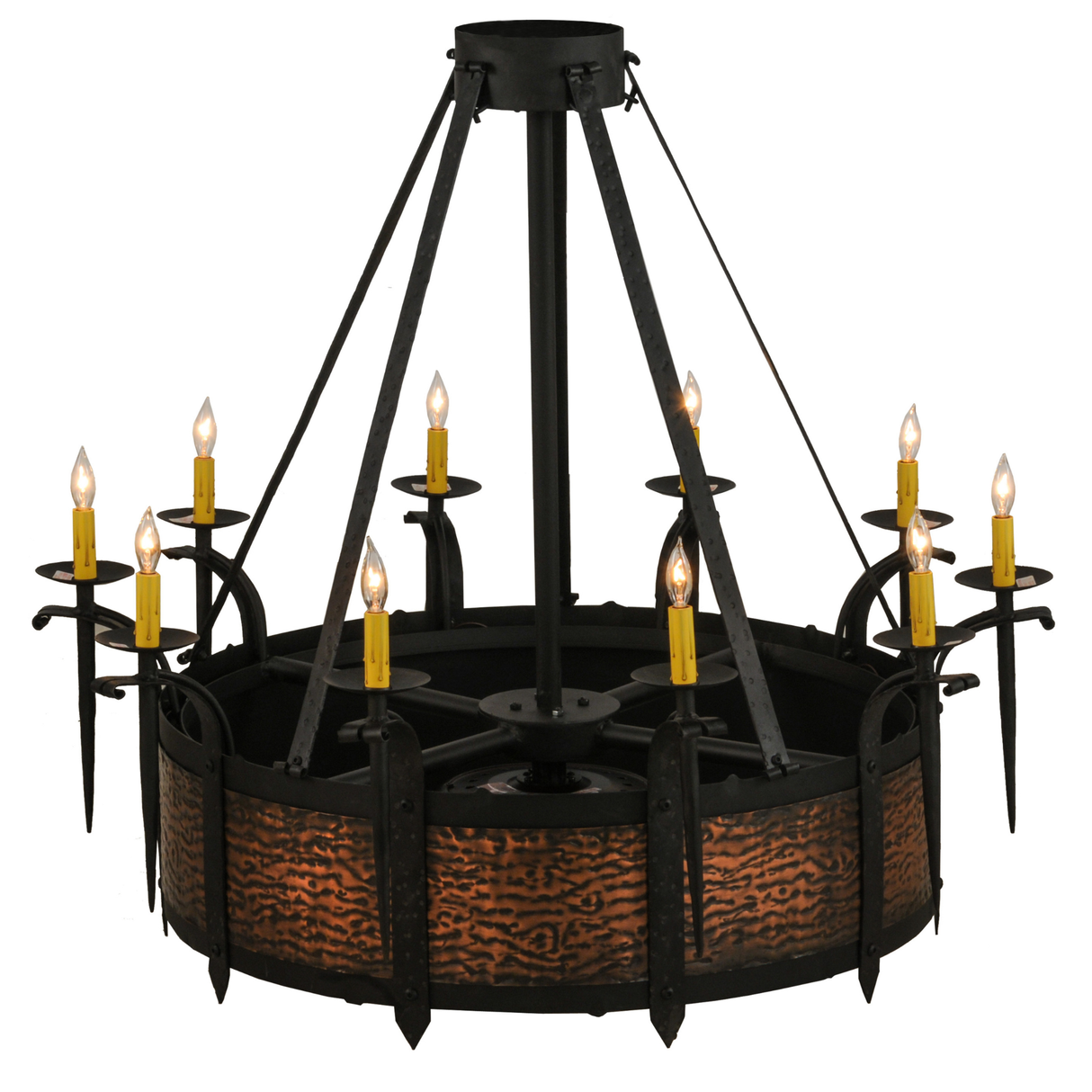 Top angle lit view featuring black metal frame and warm candle glow.