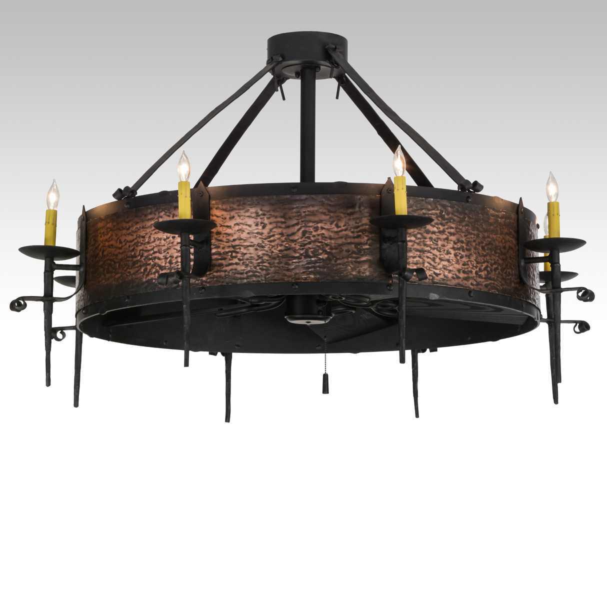 Unlit front view of Costello Chandel-Air showing copper and black finish.