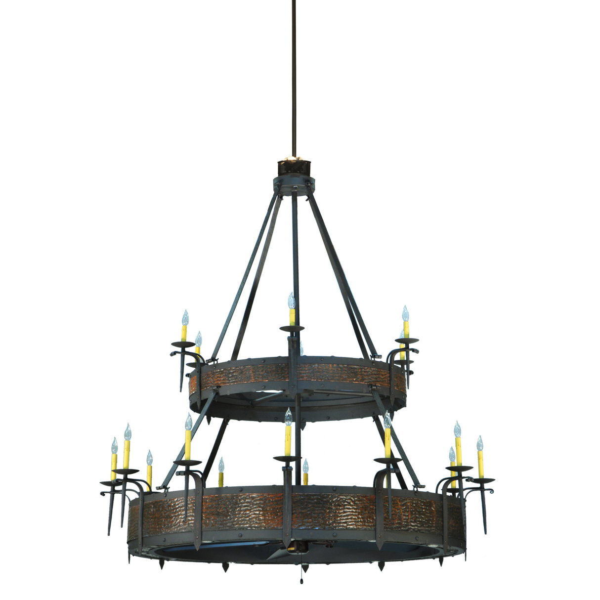 Angle view highlighting faux candlelights and hammered copper bands.