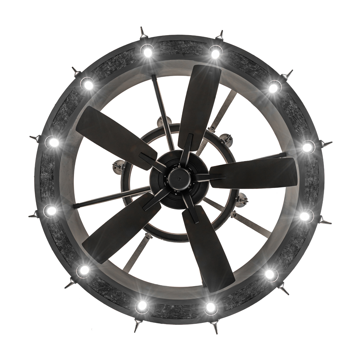 Bottom view of lit Costello Two Tier Chandel-Air showing six-blade fan design.