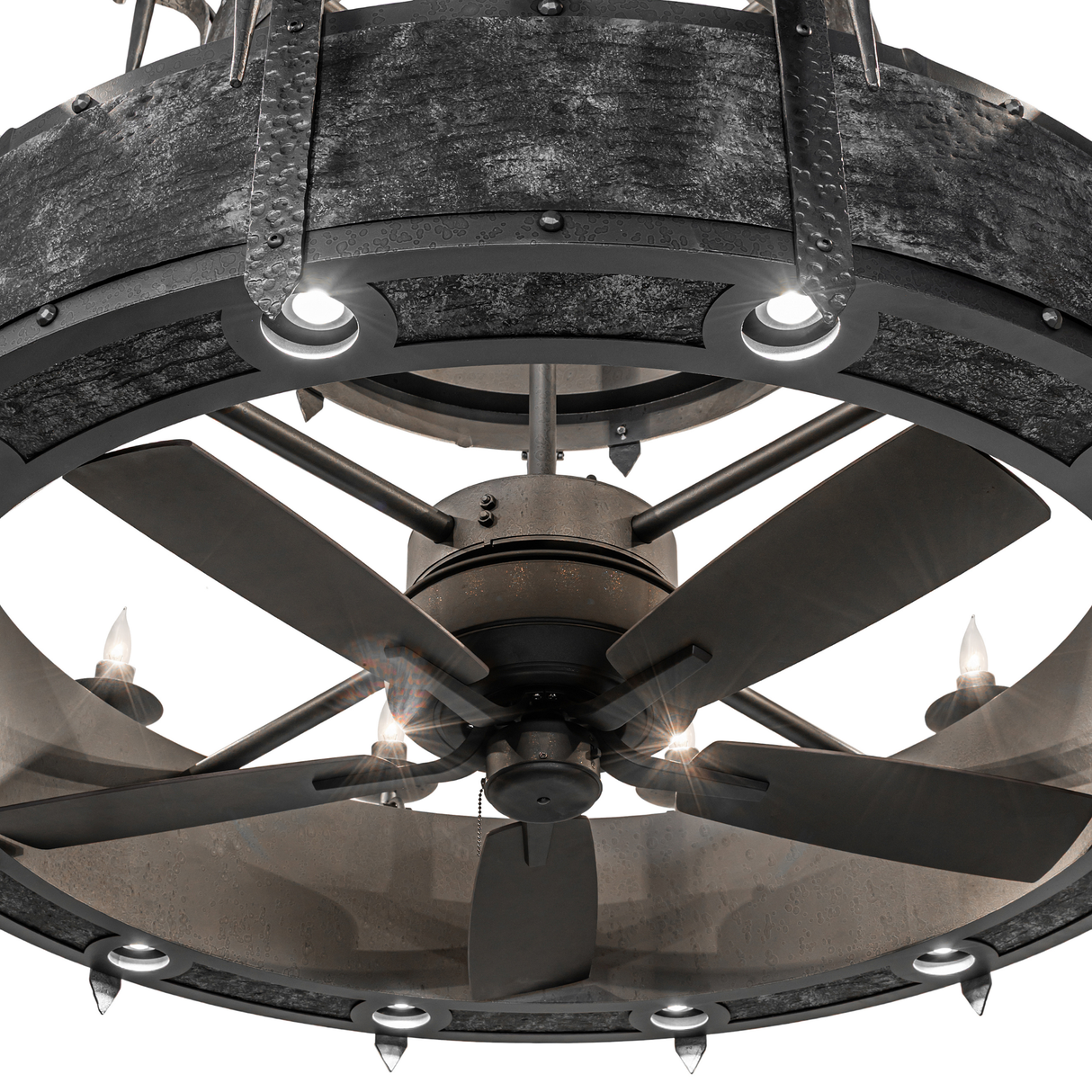 Close-up of Costello chandelier fan showing fan blades and lower light ring detail.