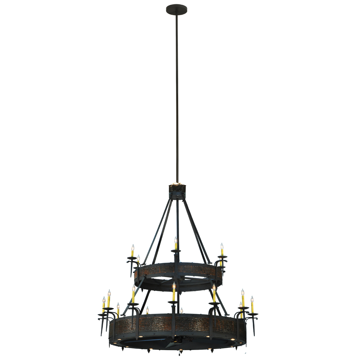 Full hanging view showing both illuminated tiers and central support rod.