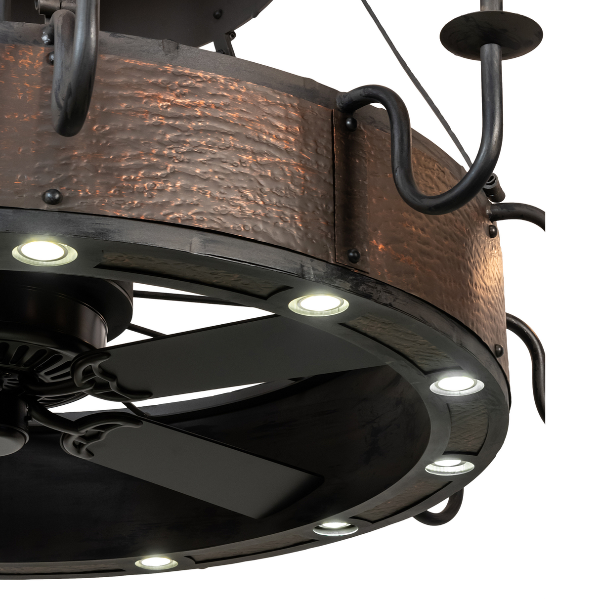 Angled view of lower tier showing hammered copper texture and fan housing.