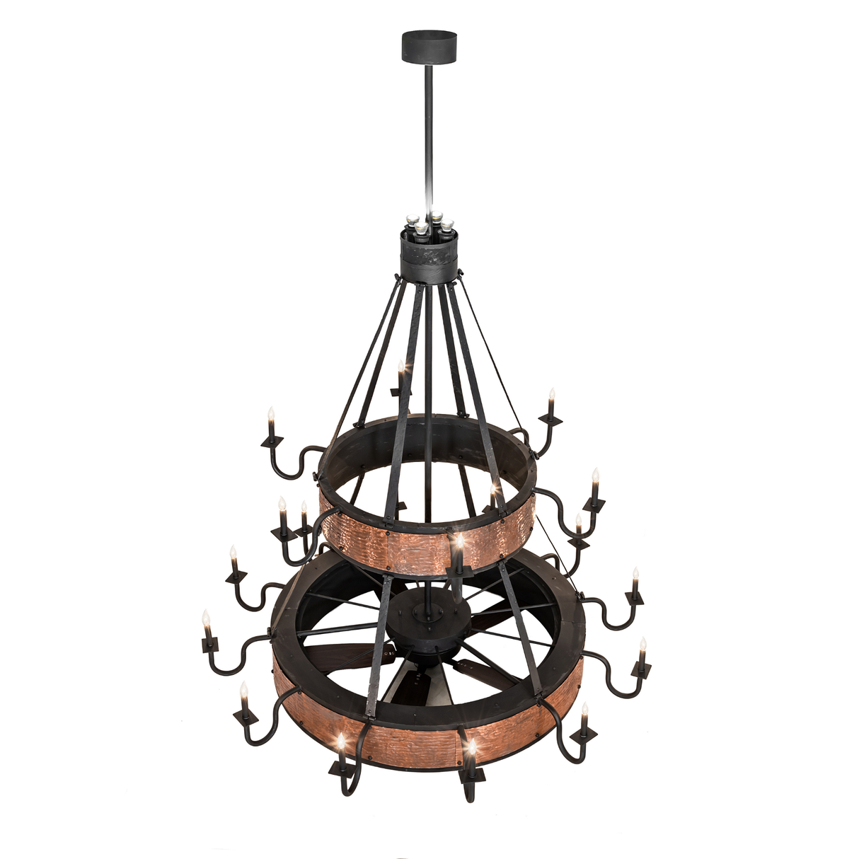 Top angle of Costello chandelier fan showing double copper tiers.