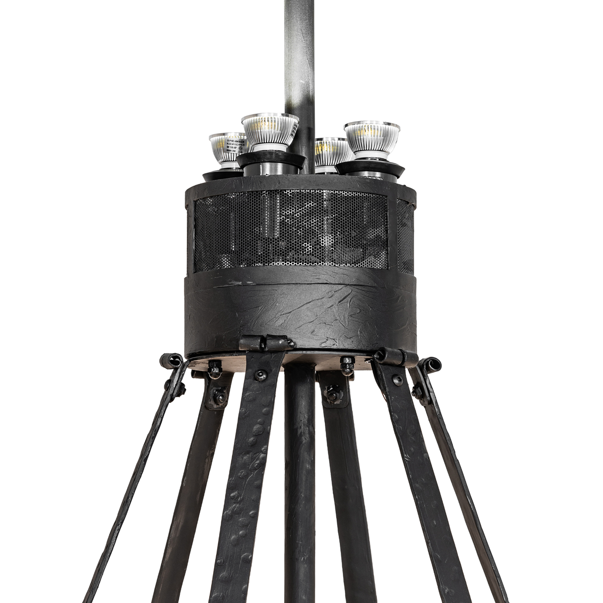 Upper section detail of Costello chandelier fan in black metal.