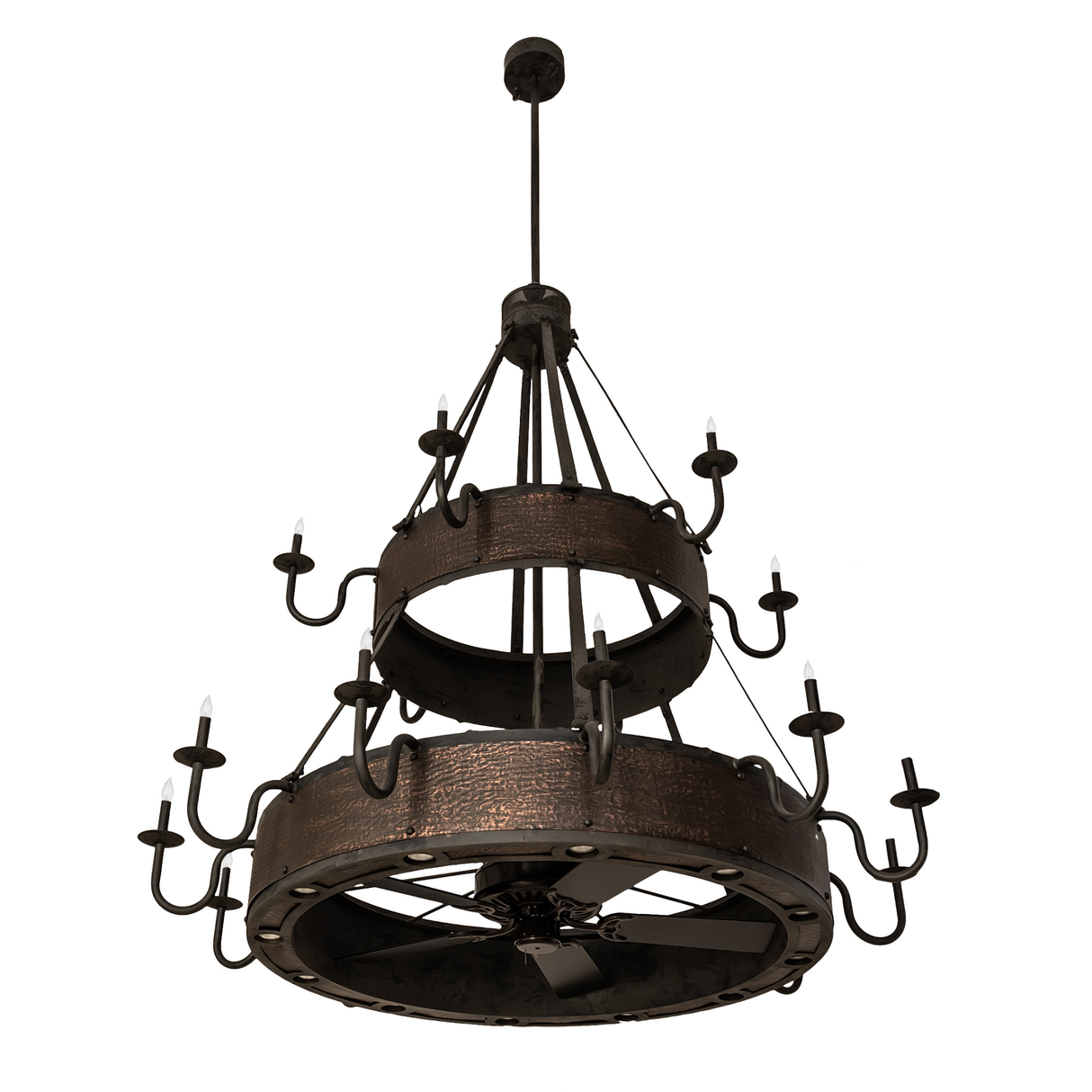 Unlit angled front view showing two-tier structure and fan placement.