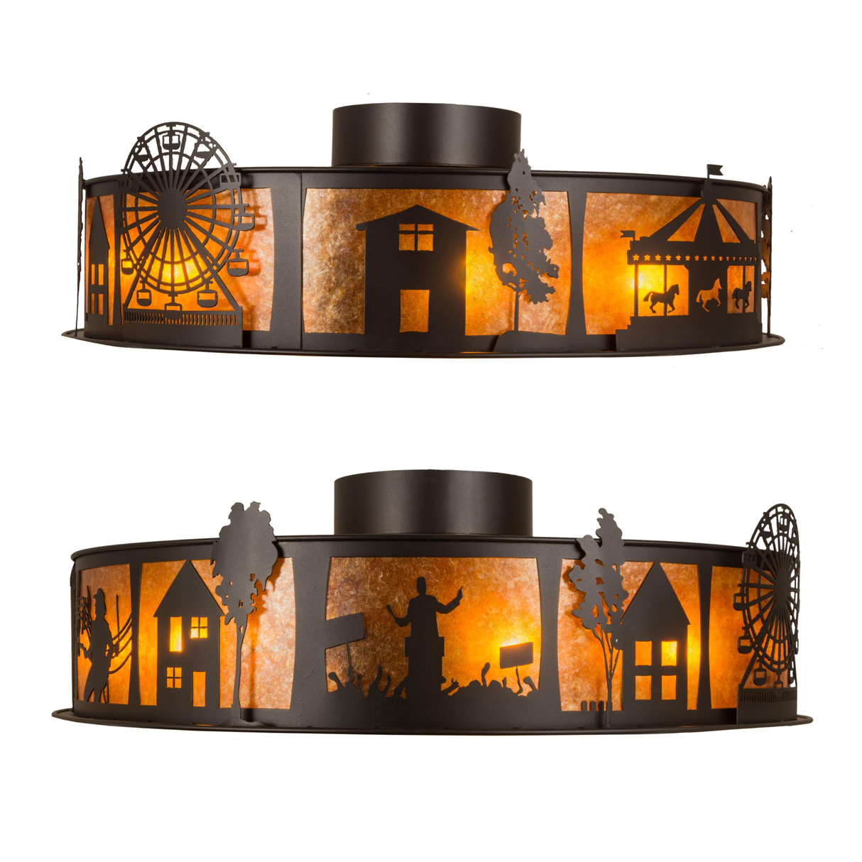 Dual rear lit panels highlighting musical and racehorse silhouettes in glow.