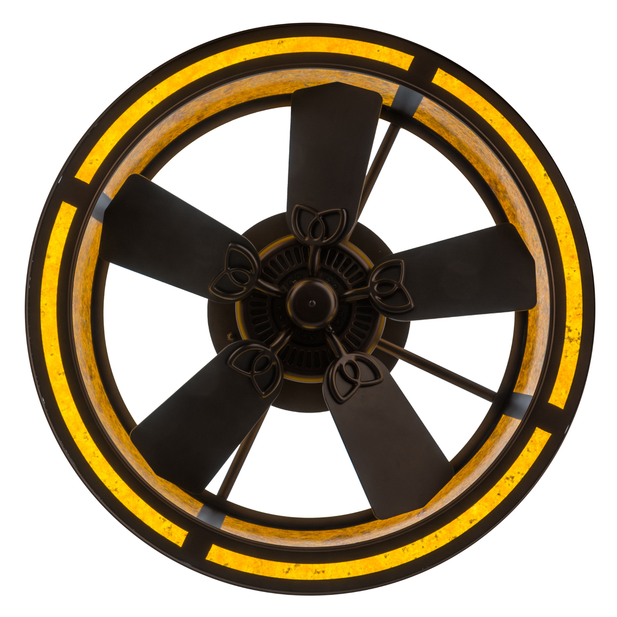 Bottom view showing fan blades surrounded by glowing amber mica.