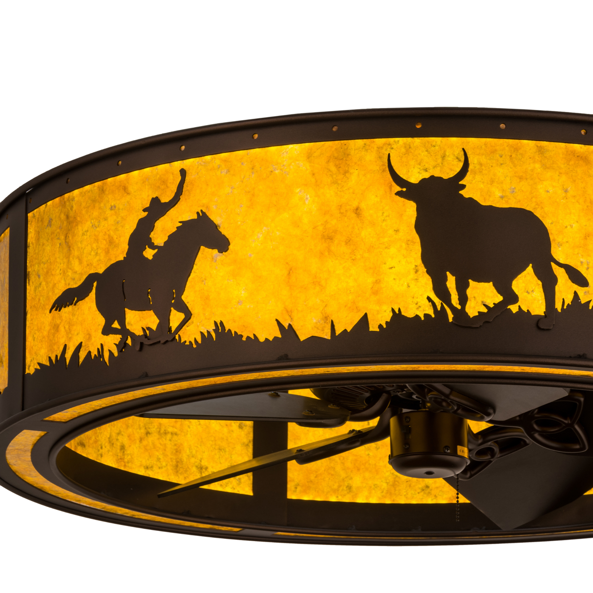 Closeup of cowboy and steer cutout with bronze finish.